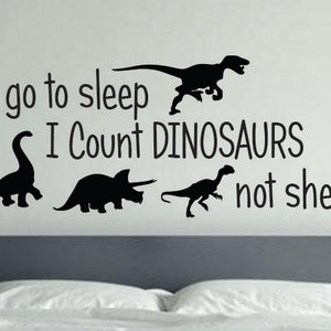 May include: Black and white wall decal with the text "To go to sleep I count DINOSAURS not sheep."  The decal features four silhouettes of dinosaurs.