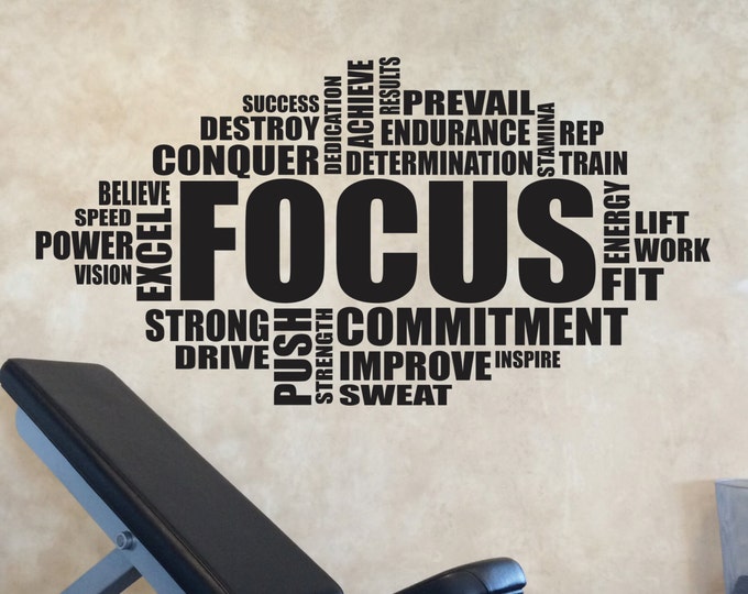 Gym Wall Art Decal, FOCUS Word Cloud Typography Design