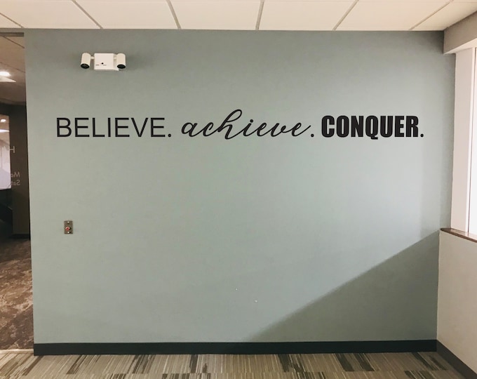 BELIEVE. achieve. CONQUER. Fitness Wall Decal, Gym Design Idea, Home Gym Ideas, Home Gym Decor, Hotel Gym Ideas, Gym Wall Decal
