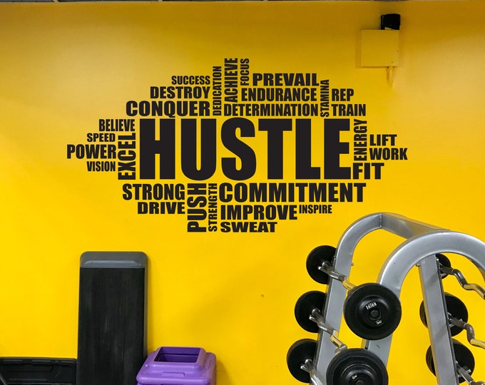 GYM WALL Decal, Office Wall Decal, Inspirational Wall Decal, Classroom Wall Decal, Gym Wall Art Decal, HUSTLE Word Cloud Typography Design