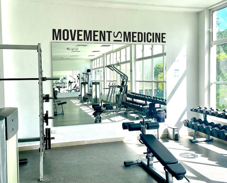 Peut inclure: Une salle de sport avec un grand miroir sur le mur qui dit "MOVEMENT IS MEDICINE". Il y a des bancs de musculation, des halt&egrave;res et d'autres &eacute;quipements de sport dans la salle de sport.
