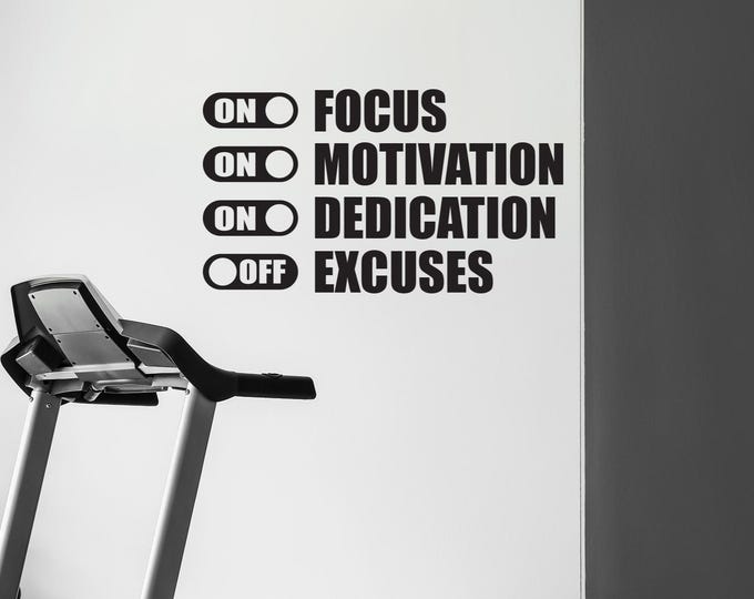 Fitness Wall Decal, Classroom Wall decor, Office Wall Decal, FOCUS MOTIVATION DEDICATION On Excuses Off