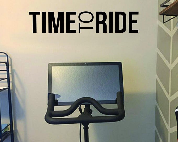 Cycling Studio Decor, Home Cycling Room Ideas, Home Gym Design Ideas, TIME TO RIDE gym wall decal. Wall Decor for Home Gym.
