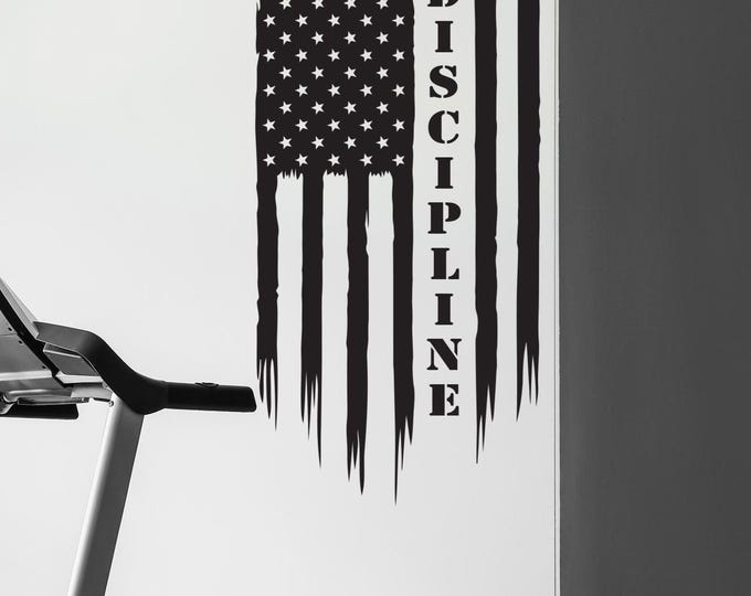 Distressed Gym Flag DISCIPLINE Decal, Locker Room Sign, Gym Wall Decal, High School Sports Quote, USA American Flag Military Decal