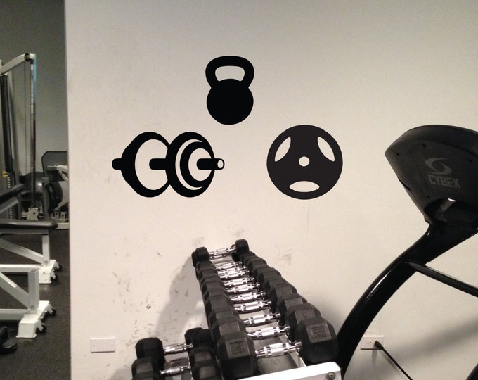 Gym Decor, Dumbbell, Kettlebell, and Free Weight Wall Decal, Wall Art Vinyl Decal, 87