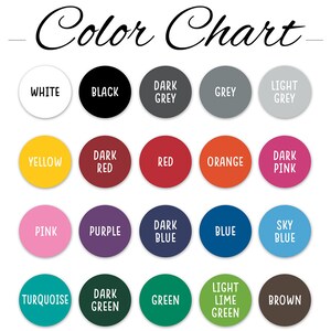 May include: Color chart with 16 different colors, including white, black, grey, yellow, red, orange, pink, purple, blue, green, brown, turquoise, dark red, dark grey, dark blue, dark green, light grey, dark pink, sky blue, and light lime green.