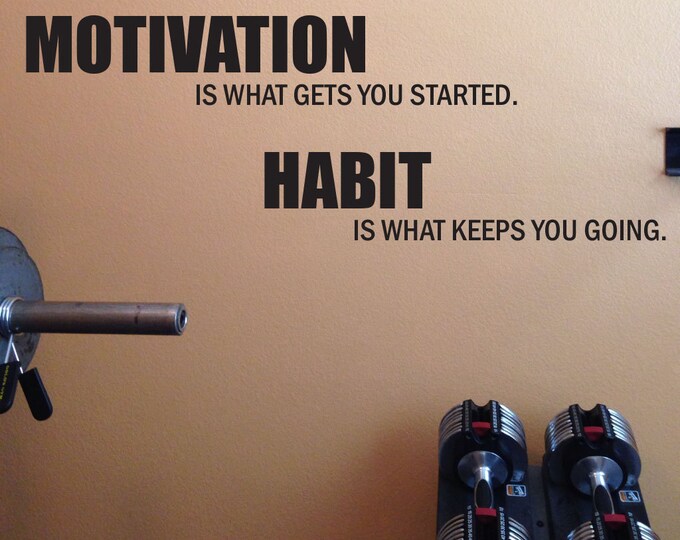 Workout Accessories Gym Wall Decal. Workout essentials, Motivation is what gets you started. Habit is what keeps you going.