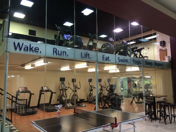 Gym Decorating Ideas, Work Out Vinyl Wall Decals. Wake. Run. Lift. Eat. Swim. Yoga. Sleep. Repeat. Gym Glass Decals