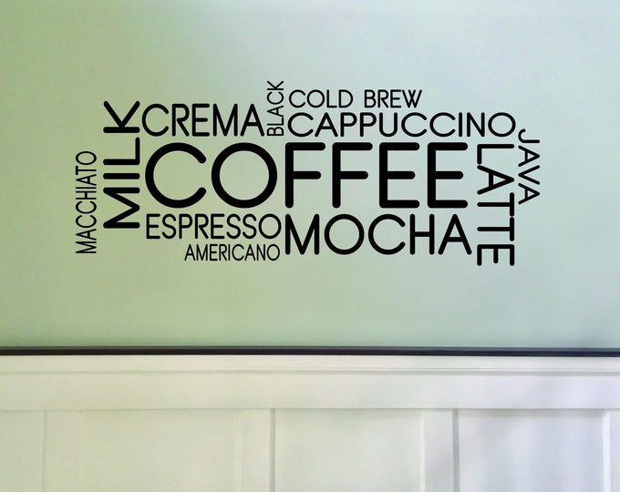 Coffee Shop Decor, Coffee Wall Decal, Coffee Word Cloud Sticker, Cafe Decor