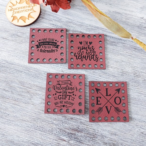 Funny Valentine Multipack Vegan Leather Patch Set of 4 - Valentine Patches/Tags - Beanie Patches - Handmade Craft Tags - Crochet - Knit