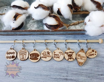 Gilmore G Set of 8 Stitch Markers, Progress Keeper, Crochet and Knit, Zipper Pull, Key Chain, Wooden Charm, Earrings, Christmas Gift