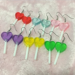 Transparent Rainbow Love Heart Lollipop Kawaii Egirl Silver Earrings ~ Red, Light Blue, Pink, Purple, Yellow, Green