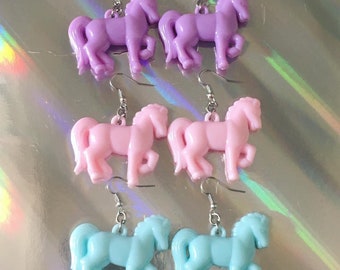 SALE *** Large Pastel Kawaii Horse Decora Fairy Kei Dollcore Kitsch Silver Earrings ~ Purple, Pink, Blue