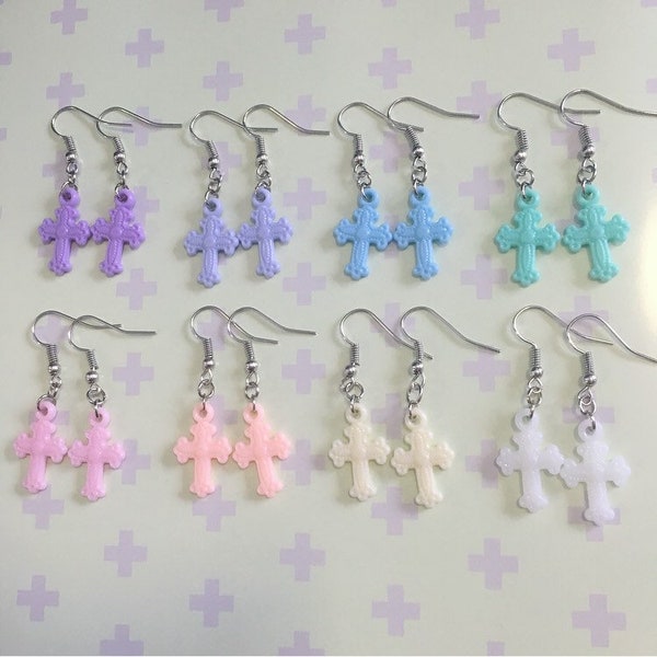 Pastel Goth Cross Morute Coquette Fairy Kei Doll Fairycore Silver Earrings ~ Dark Purple, Lilac, Blue, Green, Pink, White, Yellow