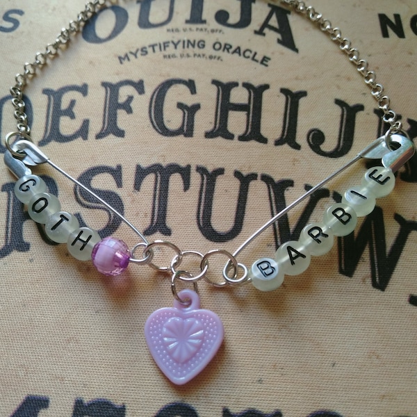 Safety Pin "GOTH BARBIE" Letter Bead Word Thin Chain Choker Necklace ~ Glow in the Dark, Purple Heart