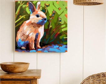 Bunny Painting Original 12x12 | Whimsical Woodland Animal Art | Acrylic Wall Art | Nature Inspired Decor
