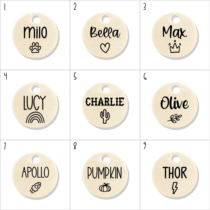 Peut inclure: Neuf &eacute;tiquettes d'identification pour animaux de compagnie rondes en bois avec diff&eacute;rents noms et motifs. Les noms incluent Milo, Bella, Max, Lucy, Charlie, Olive, Apollo, Pumpkin et Thor. Les motifs incluent une empreinte de patte, un c&oelig;ur, une couronne, un arc-en-ciel, un cactus, une branche, une fus&eacute;e, une citrouille et un &eacute;clair.