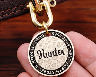 Personalized Unique Brass Dog Tag Cat Tag, Leopard Dog Tag, Cheetah Dog Tag