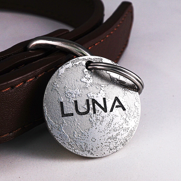 Luna Dog Tag, Moon Pet Tag for Dog and Cat, Space Dog Tag, Personalized Dog Tag, Planet Engraved Dog Name Tag