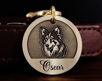 Custom Brass Dog Breed ID Tag, Engraved Portrait Dog Tag, Dog Name Tag