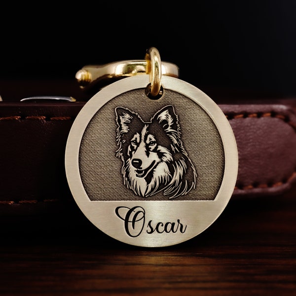 Custom Brass Dog Breed ID Tag Engraved Portrait Dog Tag, Dog Name Tag, Gift for Dog Lovers