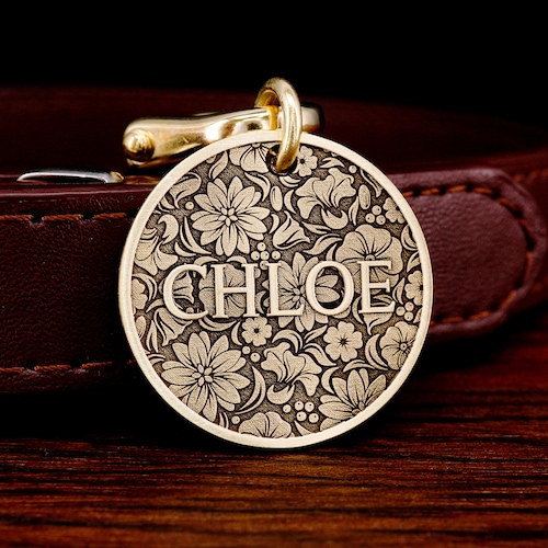 Custom Brass Pet Tag, Personalized Dog Tag, Cat ID Tag, Brass Dog Tag, Flower Dog Collar Tag, Engraved Unique Dog Tag, Cat Name Tag
