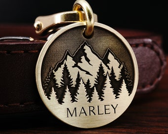 Custom Mountain Dog Tag, Brass Pet ID Tag, Cat Tag, Engraved Forest Dog Tag, Personalized Dog Collar Tag, Mountain Keychain