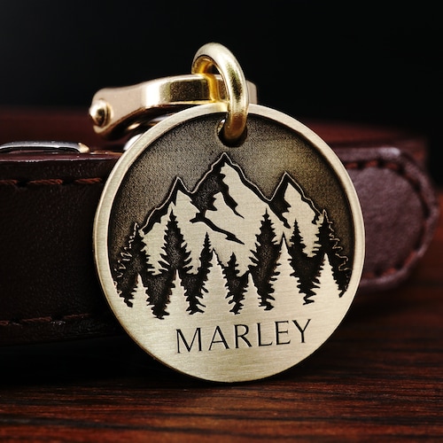 Custom Mountain Dog Tag, Brass Pet ID Tag, Cat Tag, Engraved Forest Dog Tag, Personalized Dog Collar Tag