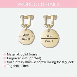 Puede incluir: Dos chapas para perros de color dorado con un anillo en D para sujetarlas a un collar. Las chapas son redondas y tienen un di&aacute;metro de 25 mm (Talla: M) y 30 mm (Talla: L). Las chapas est&aacute;n hechas de lat&oacute;n macizo y tienen texto grabado. El texto en las chapas dice "Talla: M" y "Talla: L".