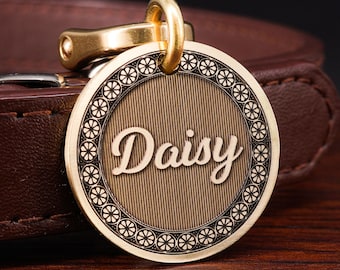 Custom Brass Daisy Dog Tag, Cat Tag, Personalized Flower Pet Tag, Deep Engraved Pet ID Tag, Beautiful Dog Tag