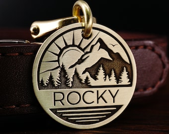 Personalized Brass Forest Dog Tag, Engraved Mountain, Sun, River Pet ID Tag, Cat Name Tag, Dog Collar Tag