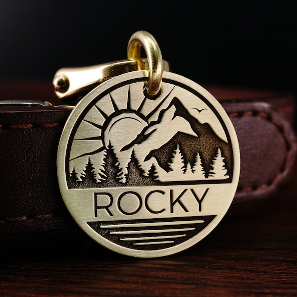 Personalized Brass Forest Dog Tag, Engraved Mountain, Sun, River Pet ID Tag, Cat Name Tag, Dog Collar Tag, Gift for Pet Lover