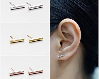 925 Sterling Silver Earrings, Bar Earrings, Gold Plated Earrings, Rose Gold Plated Earrings, Stud Earrings (Code : E44B)