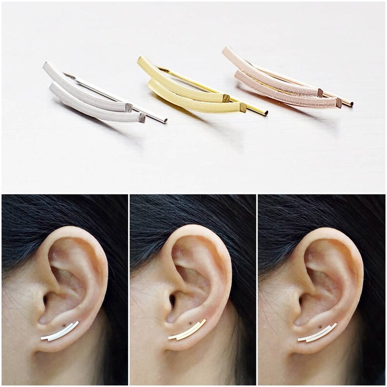 Code : ED129 Gold Plated Double Bar Earrings Rose Gold Plated Earrings Earrings Pins Bar Earrings 925 Sterling Silver Ear Climbers