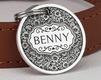Personalized Engraved Flower Dog Tag in Stainless Steel, Custom Floral Pet ID, Pet Lover Gift