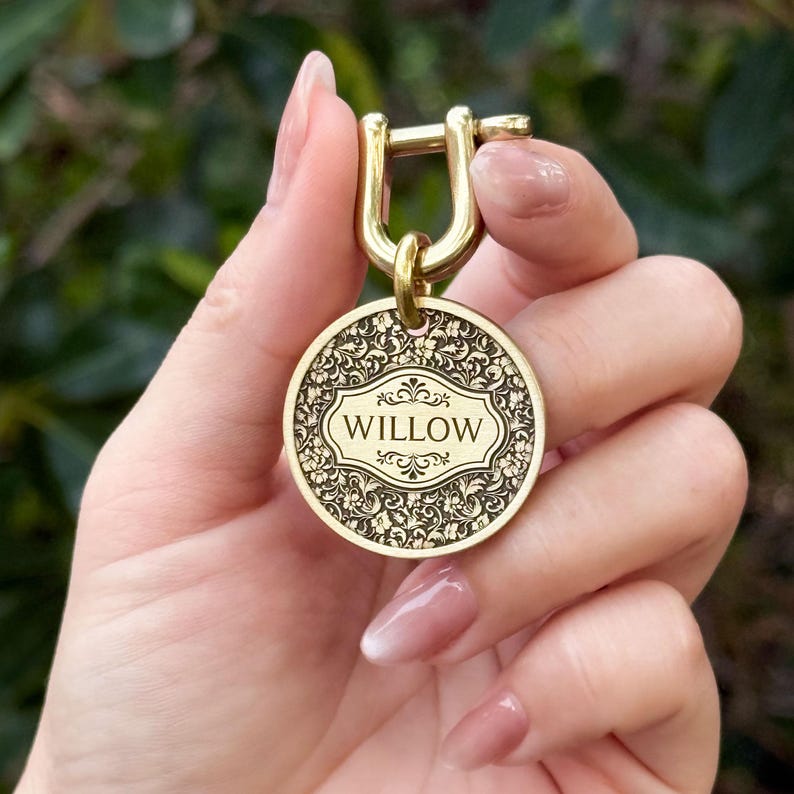 Custom Brass Western Flower Dog Tag, Cat Tag, Luxury Dog Collar Tag, Engraved Unique Pet Tag, Dog Name Tag image 6