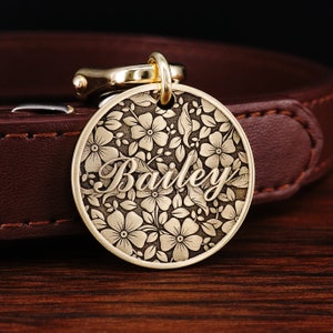 Custom Brass Pet Tag, Personalized Dog Tag, Cat Tag, Flower Dog Collar Tag, Engraved Floral Dog Tag, Cat Name Tag