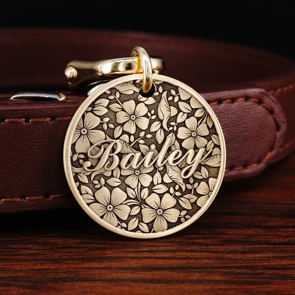 Custom Brass Pet Tag, Personalized Dog Tag, Cat Tag, Flower Dog Collar Tag, Engraved Floral Dog Tag, Cat Name Tag