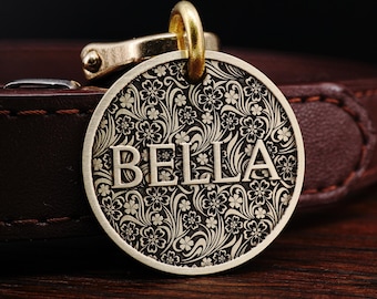 Custom Brass Wild floral Dog Tag Cat Tag, Luxury Pet Tag, Unique Dog Tag, Custom Engraved Dog Tag
