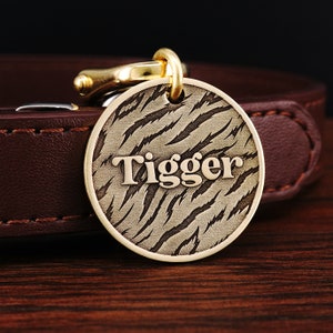 Brass Dog Tag, Personalized Brass Pet ID Tag, Custom Cat Tag, Unique Tiger Dog Tag for Collar