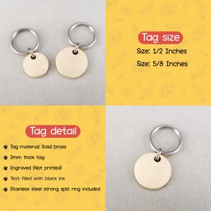 Peut inclure: Deux m&eacute;dailles rondes en laiton pour chien avec anneaux fendus. La plus grande m&eacute;daille mesure 5/8 pouces de diam&egrave;tre et la plus petite 1/2 pouce de diam&egrave;tre. Les m&eacute;dailles sont grav&eacute;es et ont un texte rempli d'encre noire. Les m&eacute;dailles sont en laiton massif et ont une &eacute;paisseur de 2 mm.