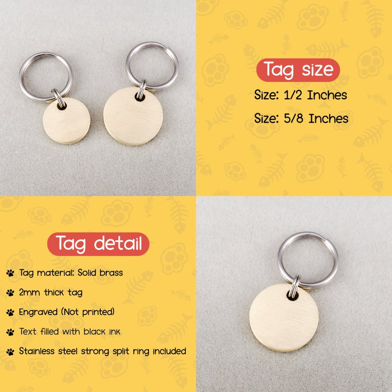 Peut inclure: Deux m&eacute;dailles rondes en laiton pour chien avec anneaux fendus. La plus grande m&eacute;daille mesure 5/8 pouces de diam&egrave;tre et la plus petite 1/2 pouce de diam&egrave;tre. Les m&eacute;dailles sont grav&eacute;es et ont un texte rempli d'encre noire. Les m&eacute;dailles sont en laiton massif et ont une &eacute;paisseur de 2 mm.