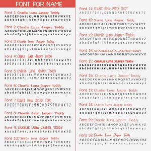 Peut inclure: Un tableau pr&eacute;sentant 12 polices de caract&egrave;res diff&eacute;rentes pour les noms. Les polices sont affich&eacute;es en lettres majuscules et minuscules. Les polices sont nomm&eacute;es "Charlie Luna Jasper Teddy" et sont num&eacute;rot&eacute;es de 1 &agrave; 12.