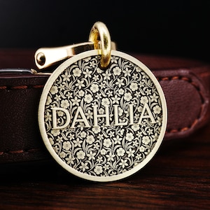 Custom Brass Dog Tag Cat Tag, Personalized Flower Pet ID Tag, Engraved Collar Name Tag, Flower Pattern Dog Tag