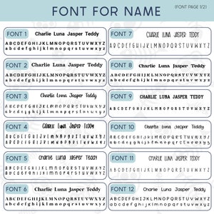 May include: A graphic showing 12 different fonts for names. Each font is displayed with the name "Charlie Luna Jasper Teddy" in uppercase and lowercase letters. The fonts are numbered 1 through 12.