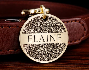 Brass Dog Tag, Engraved Dog Tag, Custom Cat Tag, Flower Dog Tag Personalized, Floral Dog Collar Tag, Dog Supplies, Gifts for Pets