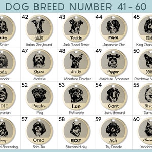 May include: A chart with 60 gold-colored circles, each featuring a different dog breed illustration. The circles are numbered from 41 to 60, and each circle includes the breed name and a dog's name.