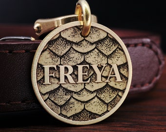 Custom Brass Dragon Scale Dog Tag, Cat Tag, Engraved Dragon Pet Tag