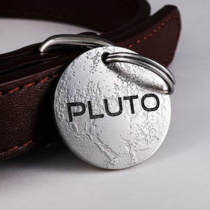 May include: A silver dog tag with a textured surface and the word "PLUTO" engraved in black lettering. The tag is attached to a brown leather dog collar.