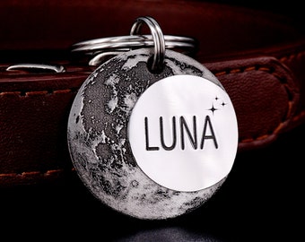Personalized Moon Dog Name Tag, Near and Far Moon Phases Pet Tag, Engraved cat name tag, Unique Handmade Pet Tag